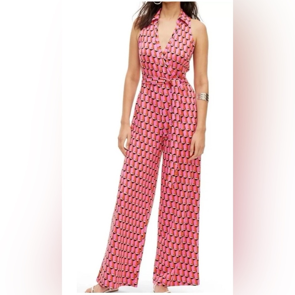 New Diane Von Furstenberg Target Collared Sleeveless Pink Geo Jumpsuit SZ Large